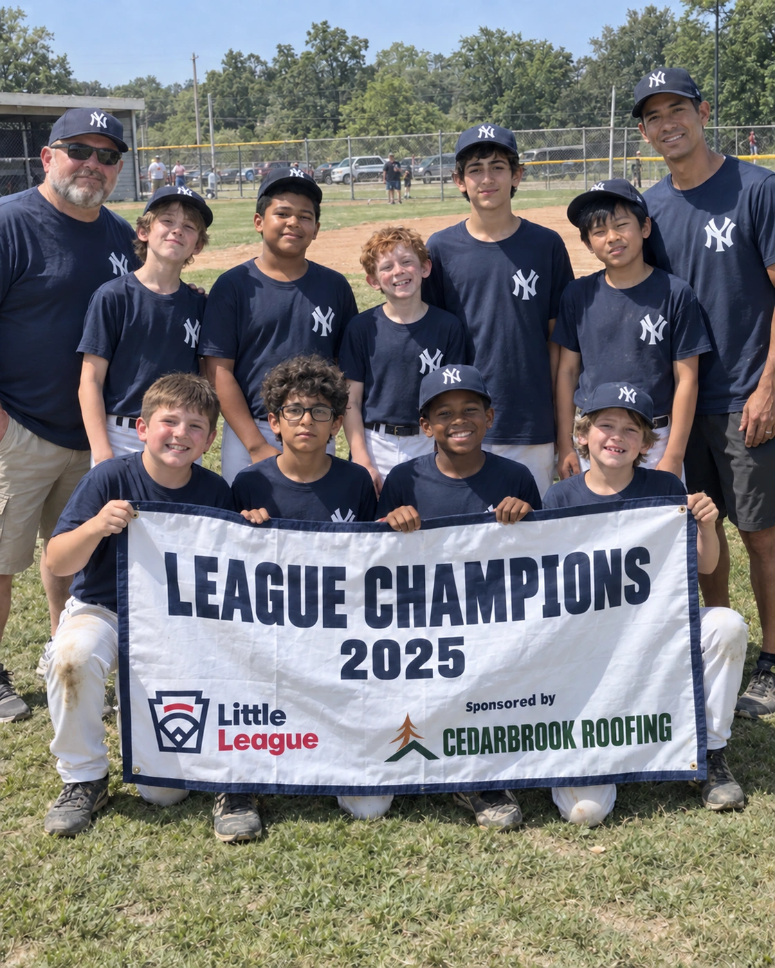 Fictional youth baseball team holding a League Champions 2025 banner with Little League branding and Cedarbrook Roofing sponsorship.