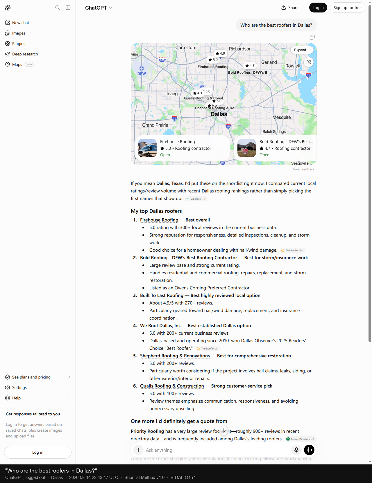 ChatGPT’s reply naming seven Dallas roofers, saved August 14, 2026