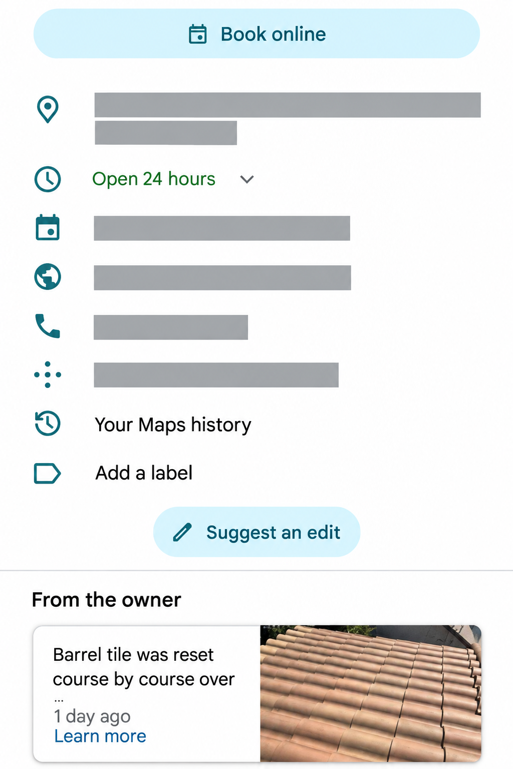 Google profile with website and booking links plus a recent roof photo.