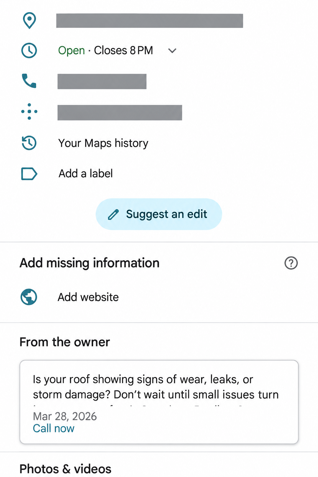 Google profile with a missing website link and a text-only owner post.