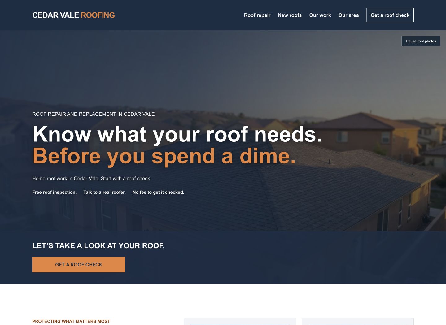 After: roof photography, clear services and a roof-check button.