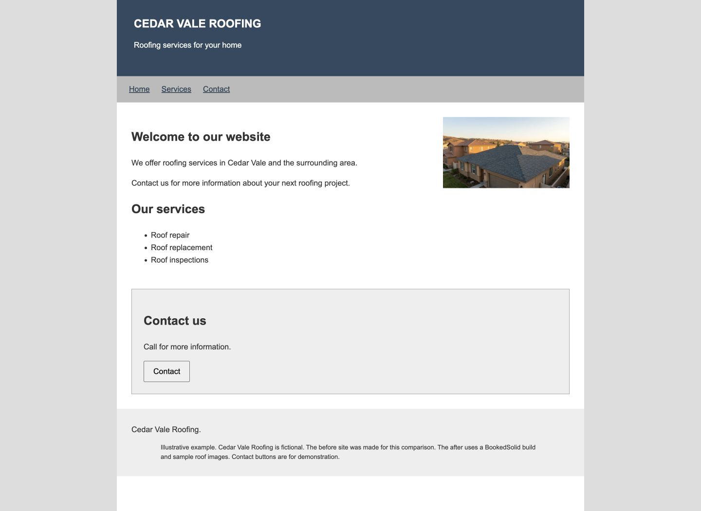 Before: basic roofing website with a small photo and brief service list.